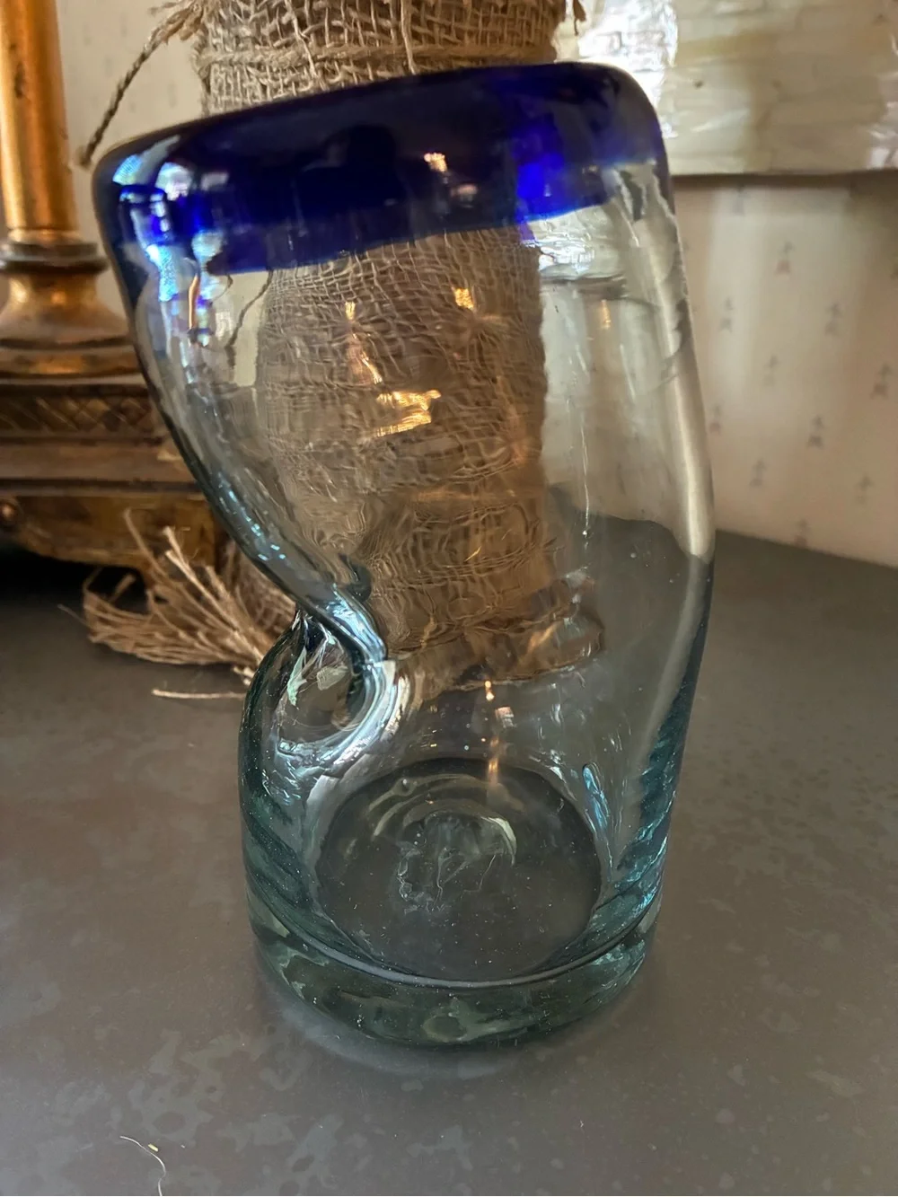 Set of 2 COBALT BLUE rim MEXICAN hand blown THICK glass tumblers. 5.5 inches.